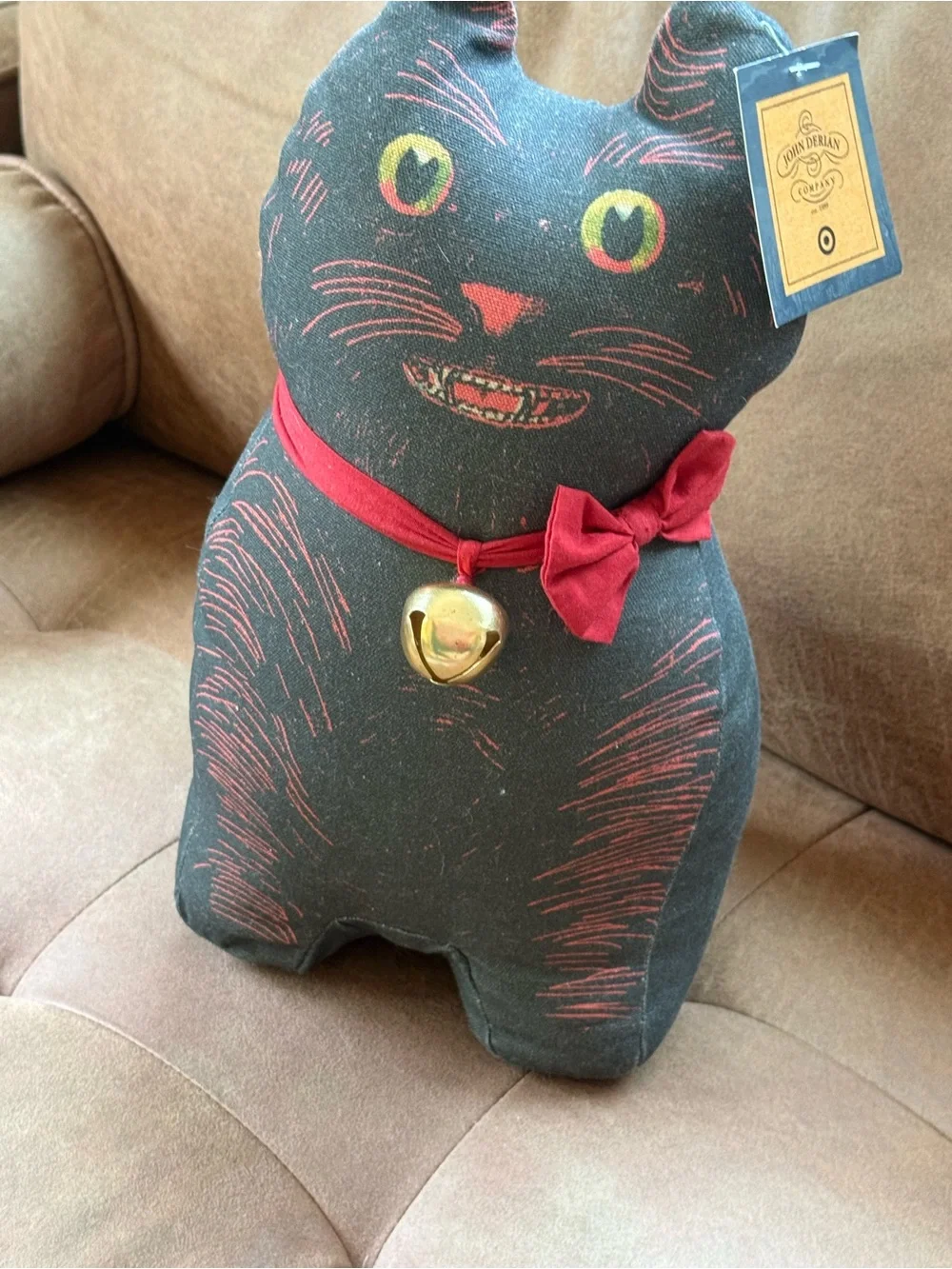 John Derian For Target Decorative Black Cat Pillow with Red Bow NWT